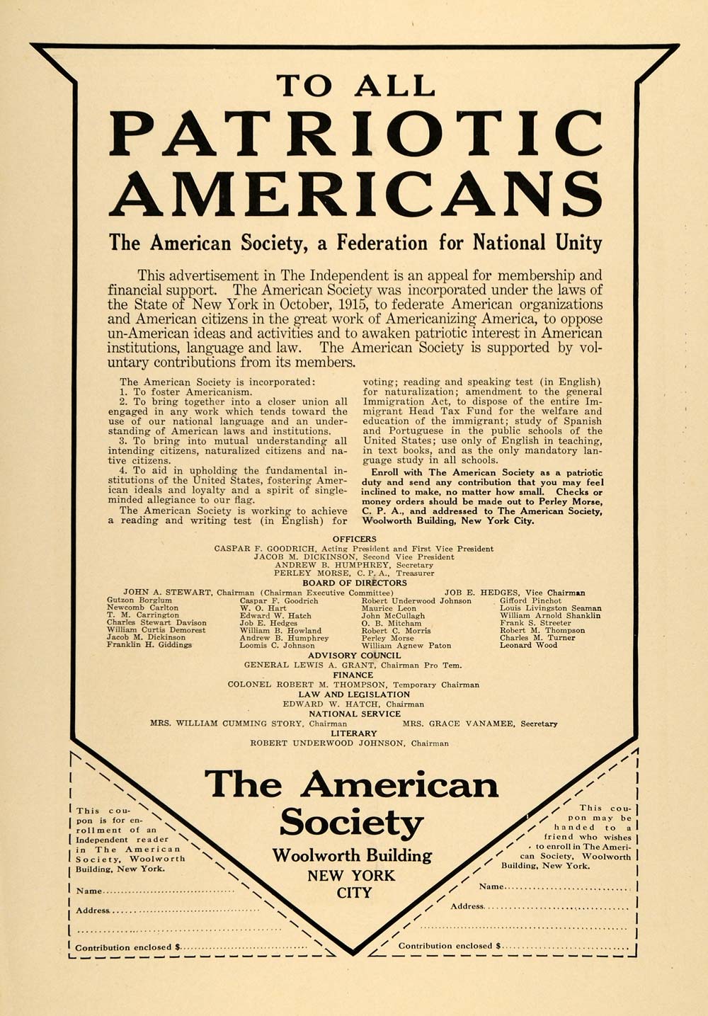 1916 Ad Patriotic Americanism WWI American Society NY - ORIGINAL TIN3