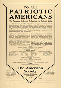 1916 Ad Patriotic Americanism WWI American Society NY - ORIGINAL TIN3