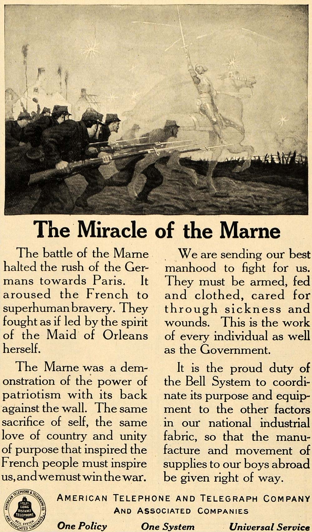 1918 Ad Marne Battle WWI Soldiers Bayonet Guns Bell - ORIGINAL ADVERTISING TIN3