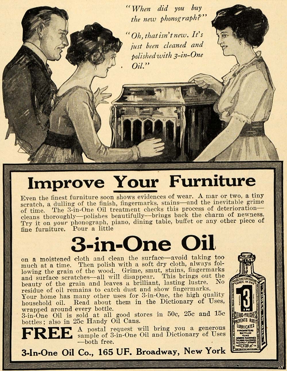 1918 Ad 3-in-One Oil Furniture Phonograph Piano Cleaner - ORIGINAL TIN3