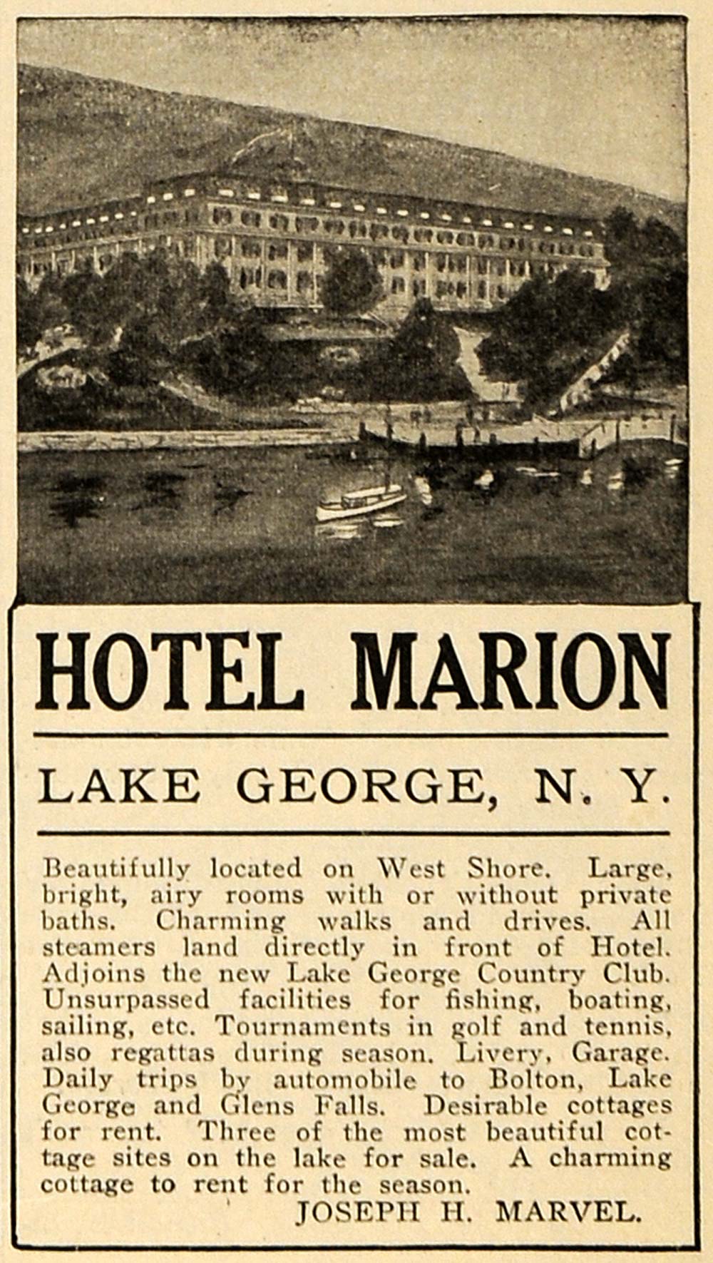 1918 Ad Hotel Marion Lake George NY Joseph H. Marvel - ORIGINAL ADVERTISING TIN3