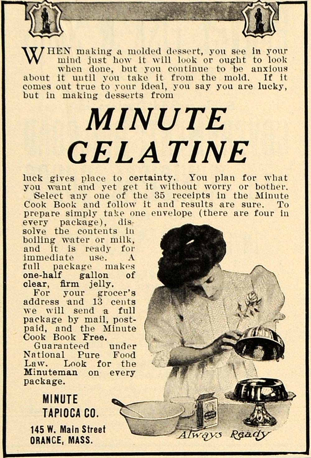 1908 Ad Minute Gelatine Tapioca Dessert Jell-O Mold - ORIGINAL ADVERTISING TIN4