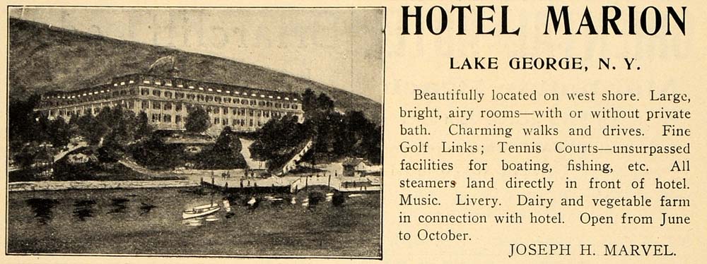 1908 Ad Hotel Marion Lake George NY Joseph H. Marvel - ORIGINAL ADVERTISING TIN4