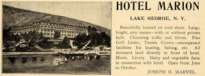 1908 Ad Hotel Marion Lake George NY Joseph H. Marvel - ORIGINAL ADVERTISING TIN4