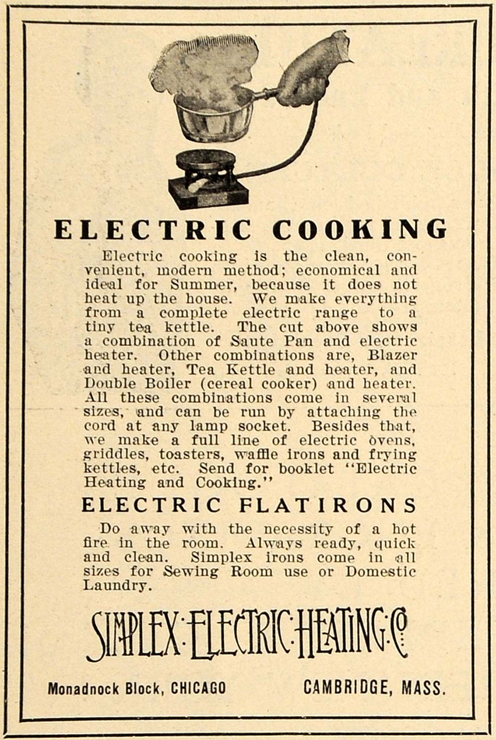 1908 Ad Simplex Electric Heating Cooking Flat Irons - ORIGINAL ADVERTISING TIN4