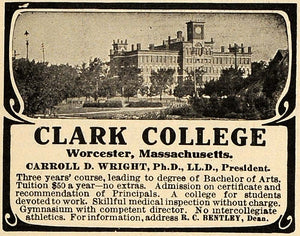 1908 Ad Clark College Worcester Massachusetts C. Wright - ORIGINAL TIN4
