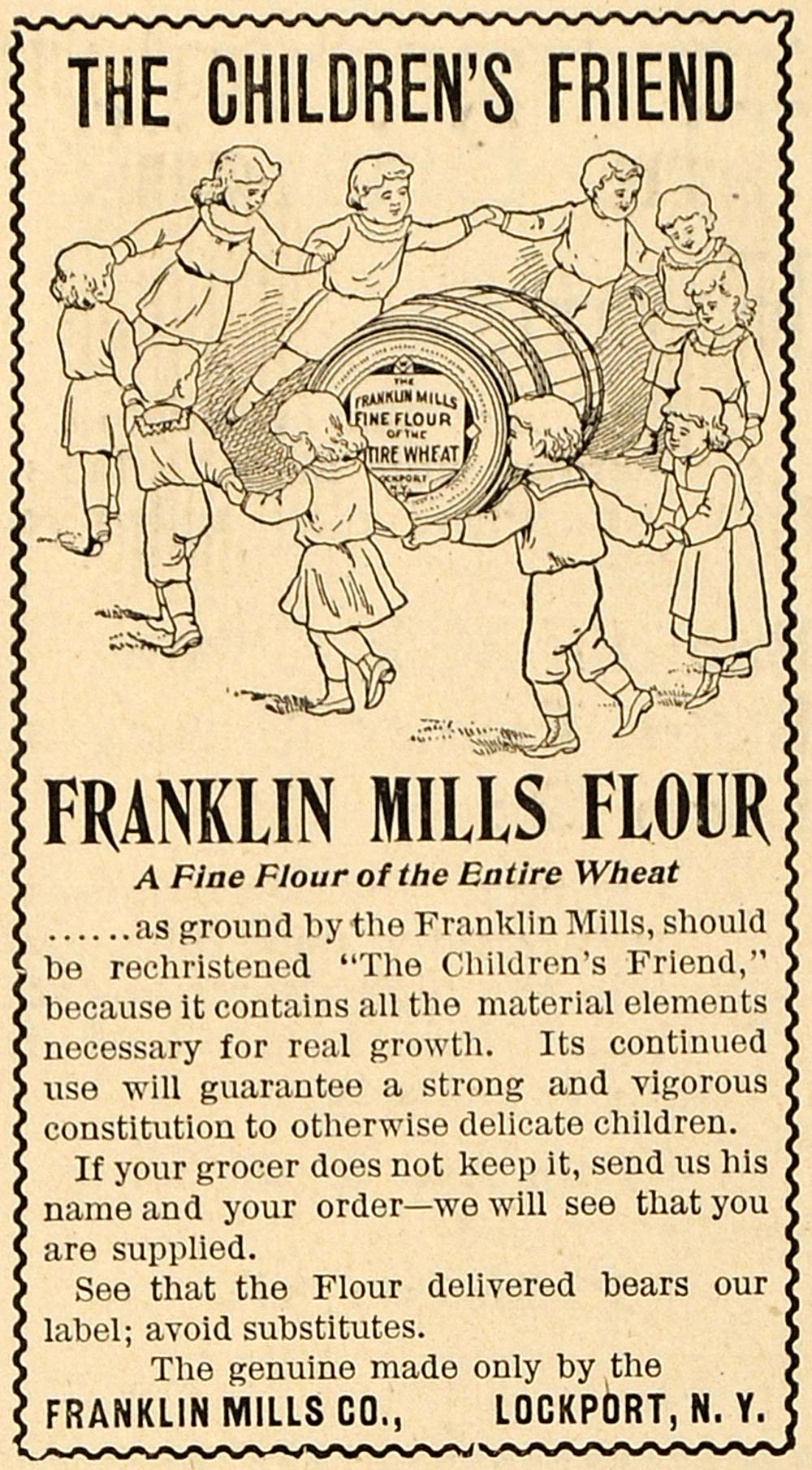 1899 Ad Franklin Mills Wheat Flour Children's Friend - ORIGINAL ADVERTISING TIN4