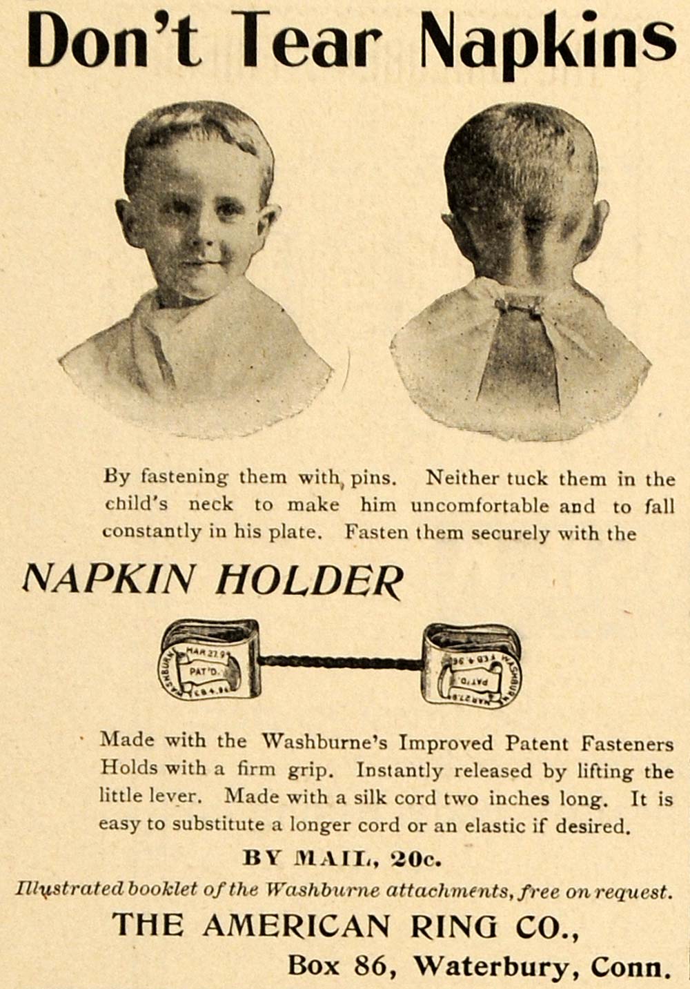 1899 Ad American Ring Children's Napkin Holder Bib - ORIGINAL ADVERTISING TIN4