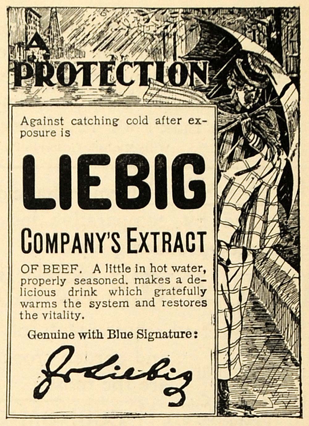 1899 Ad Liebig Beef Extract Raining Umbrella Catch Cold - ORIGINAL TIN4
