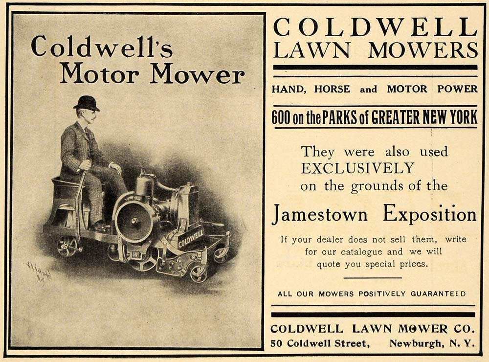 1908 Ad Coldwell Hand Lawn Mowers Horse Motor Power - ORIGINAL ADVERTISING TIN4
