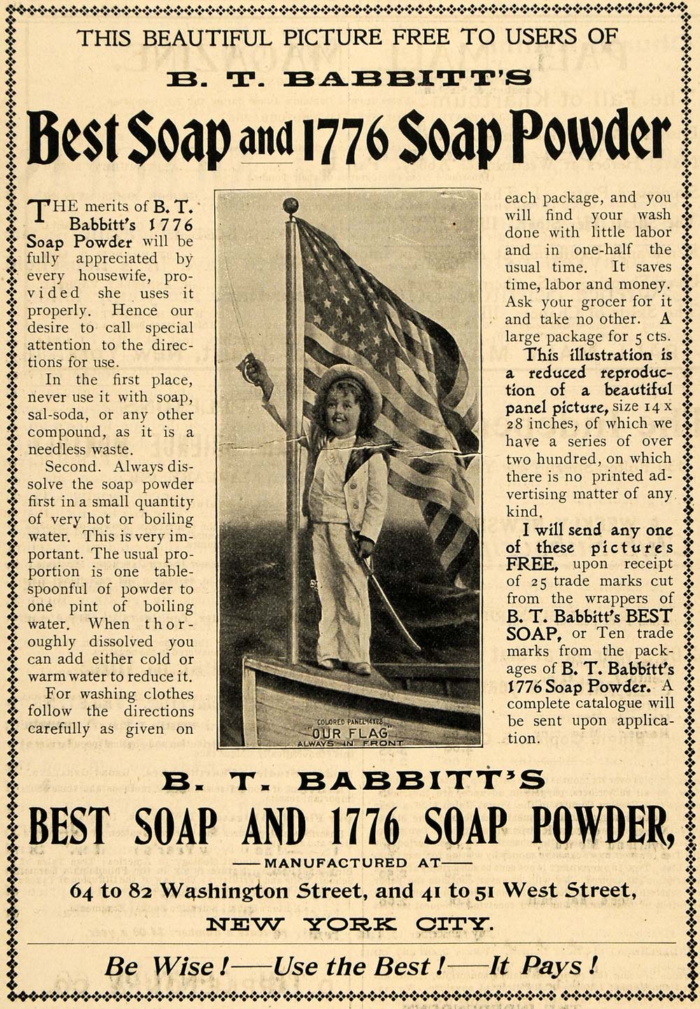 1899 Ad B T Babbitt Soap Powder American Flag Child Art - ORIGINAL TIN4