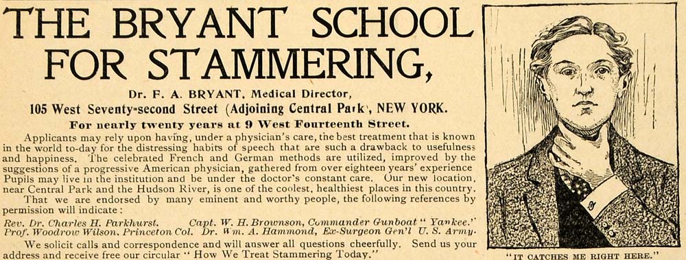1899 Ad Bryant School Stammering Health Woodrow Wilson - ORIGINAL TIN4