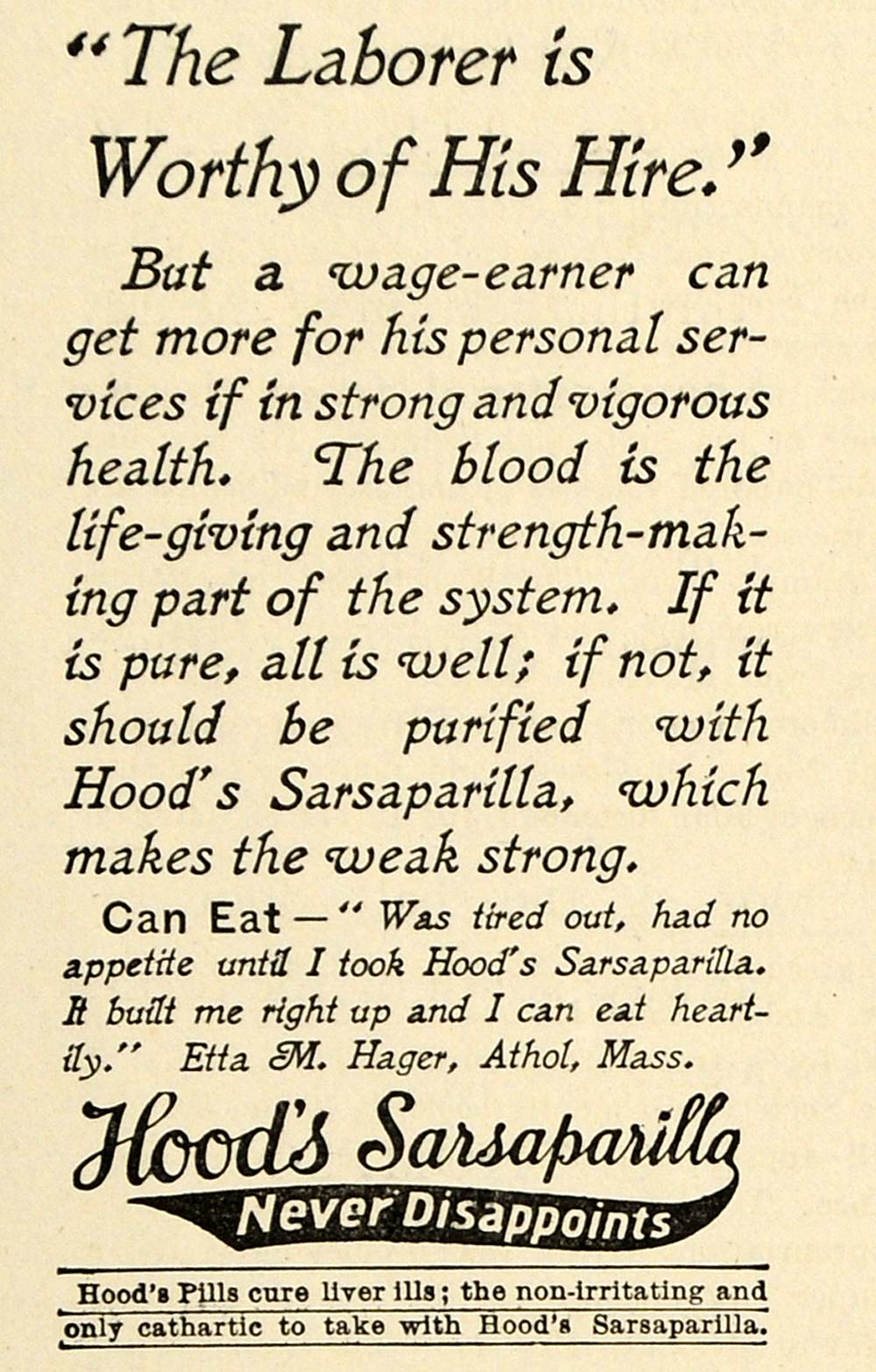 1899 Ad Hood's Sarsaparilla Pills Medicine Labor Blood - ORIGINAL TIN4