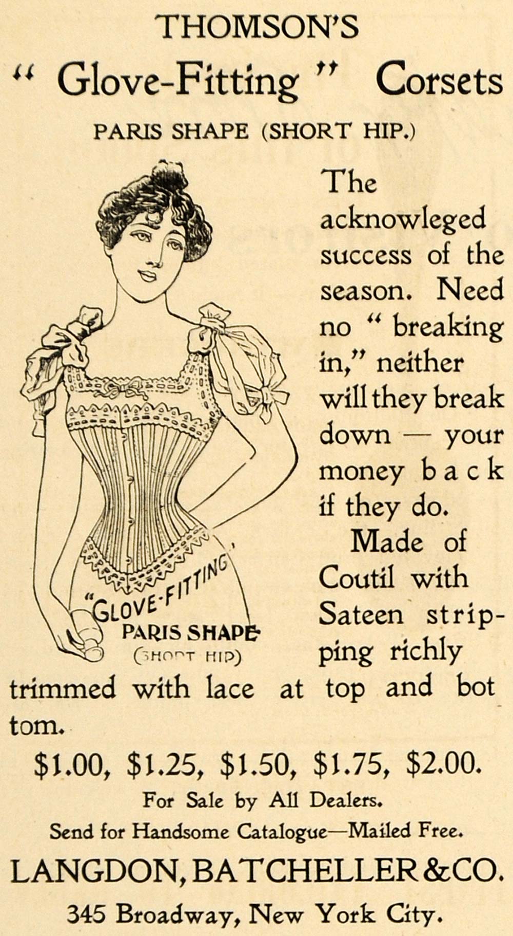 1898 Ad Thomson Corset Langdon Batcheller Clothing Lace - ORIGINAL TIN4