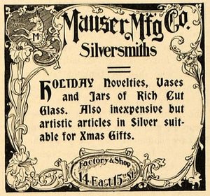 1898 Ad Mauser Silversmiths Novelty Vase Jar Glass Gift - ORIGINAL TIN4