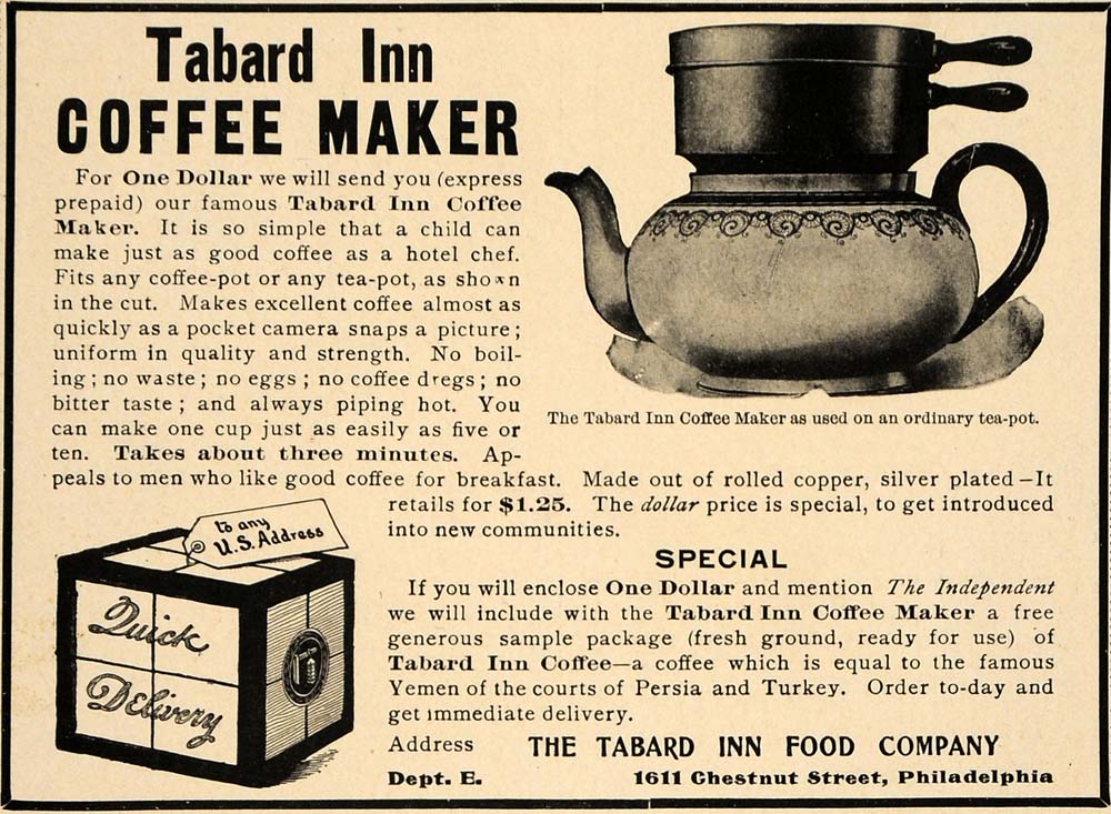1904 Ad Coffee Maker Tabard Inn Food Beverage Drink - ORIGINAL ADVERTISING TIN4