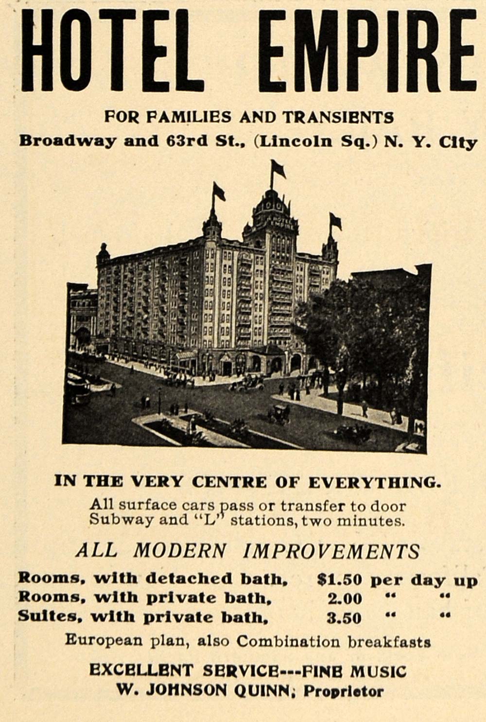 1907 Ad Hotel Empire Broadway Bath Johnson Quinn Room - ORIGINAL TIN4