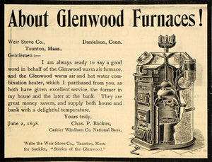 1901 Ad Glenwood Furnace Weir Stove Taunton Backus Bank - ORIGINAL TIN4