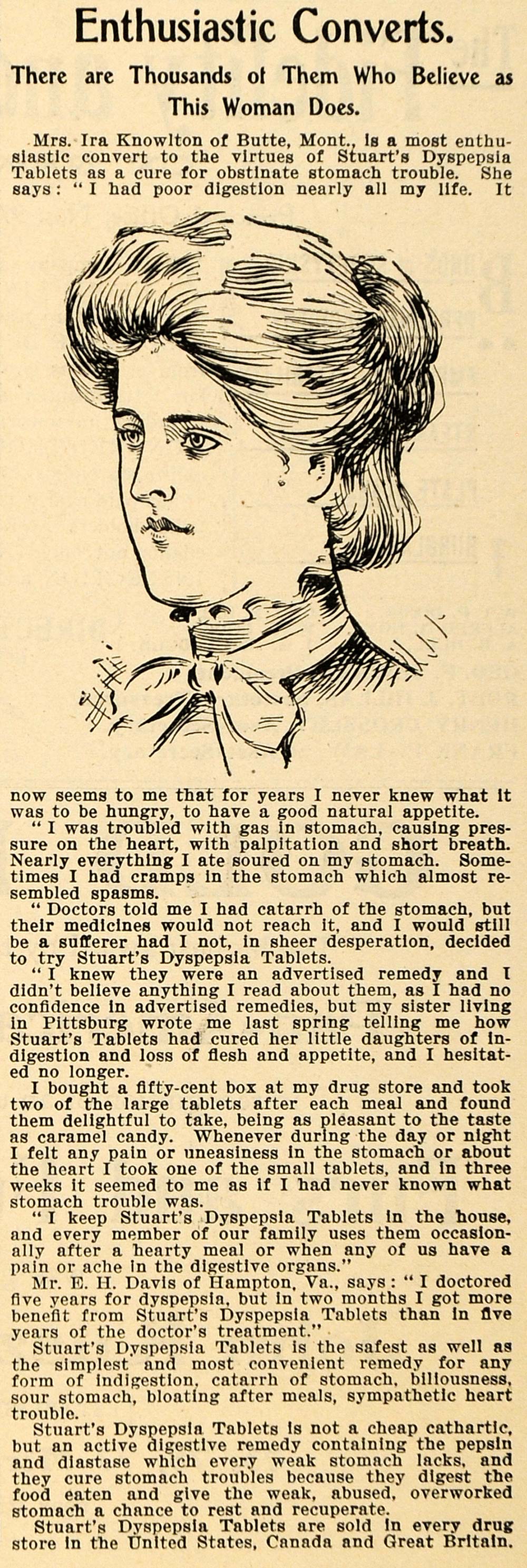 1901 Ad Ira Knowlton Butte Montana Stuart Dyspepsia - ORIGINAL ADVERTISING TIN4