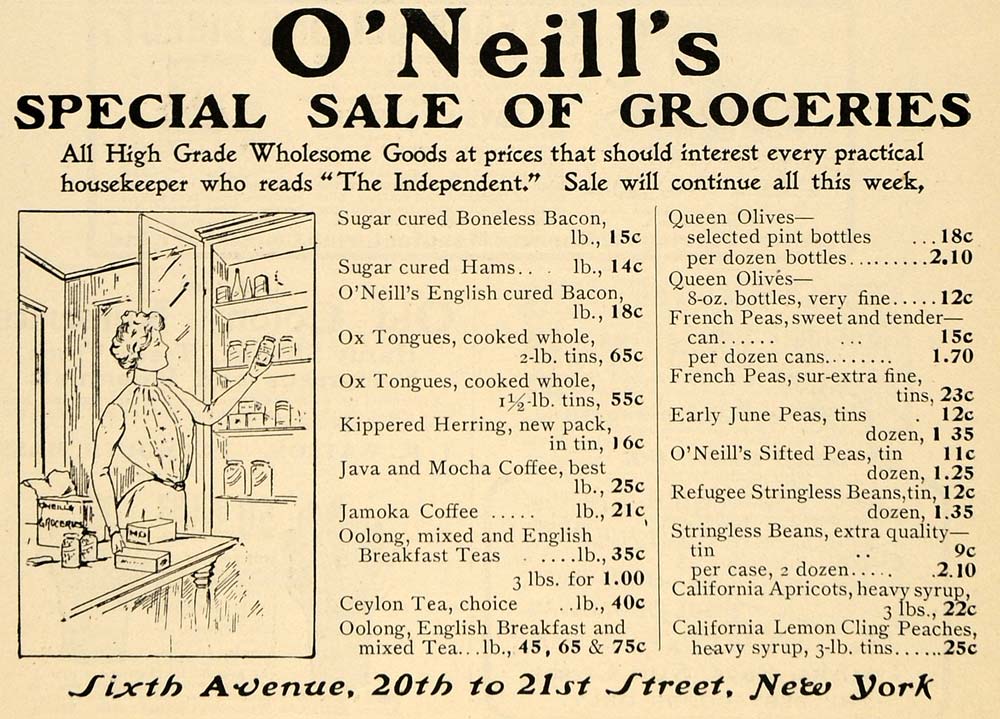 1902 Ad O'Neill's Grocery Goods Store Pricing New York - ORIGINAL TIN4