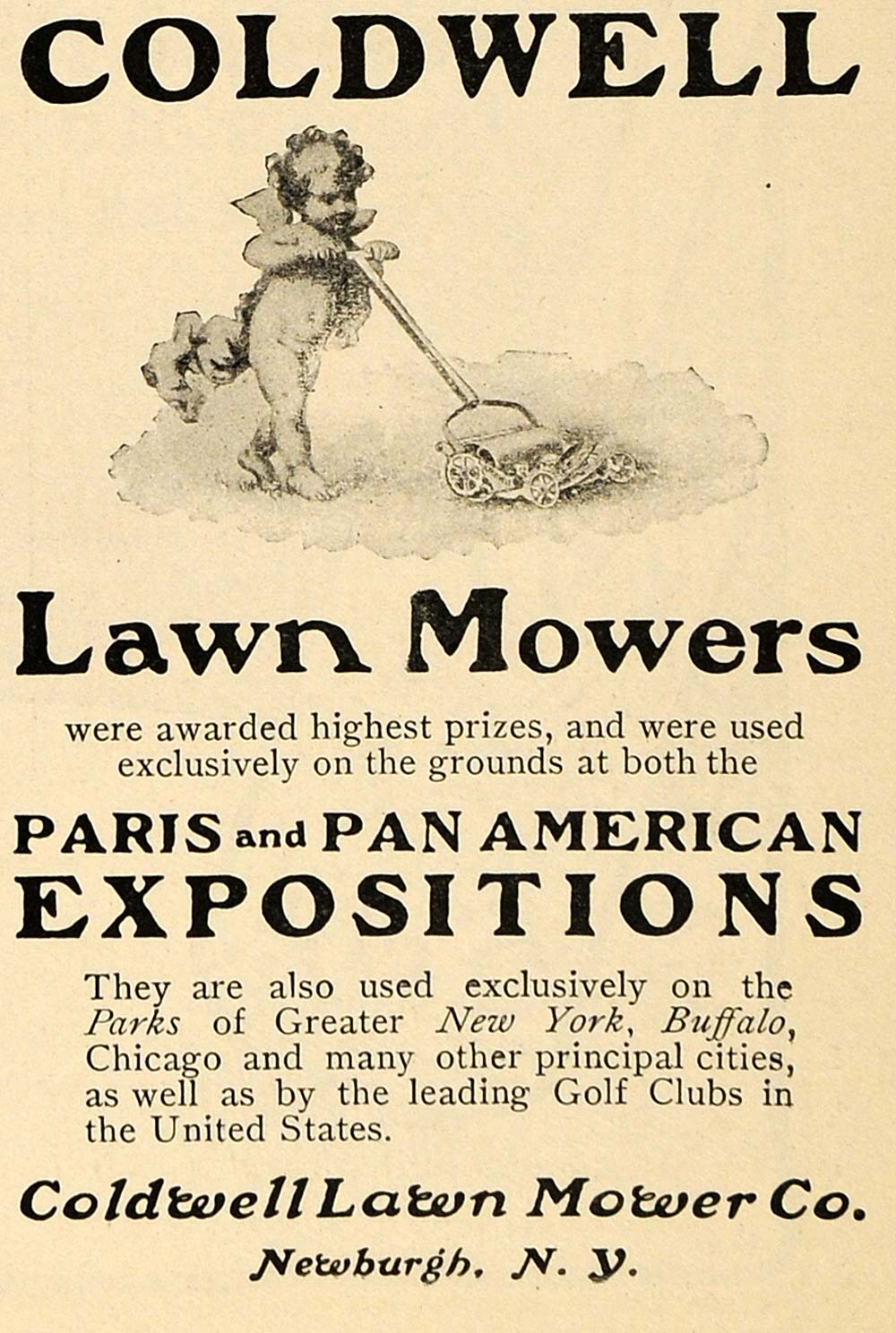 1902 Ad Coldwell Lawn Mowers Paris Exposition Cupid - ORIGINAL ADVERTISING TIN4