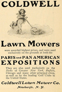 1902 Ad Coldwell Lawn Mowers Paris Exposition Cupid - ORIGINAL ADVERTISING TIN4