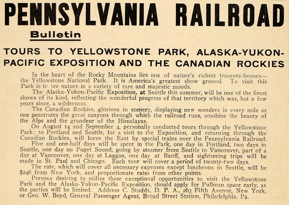 1909 Ad Pennsylvania Railroad Yellowstone Park Rockies - ORIGINAL TIN4