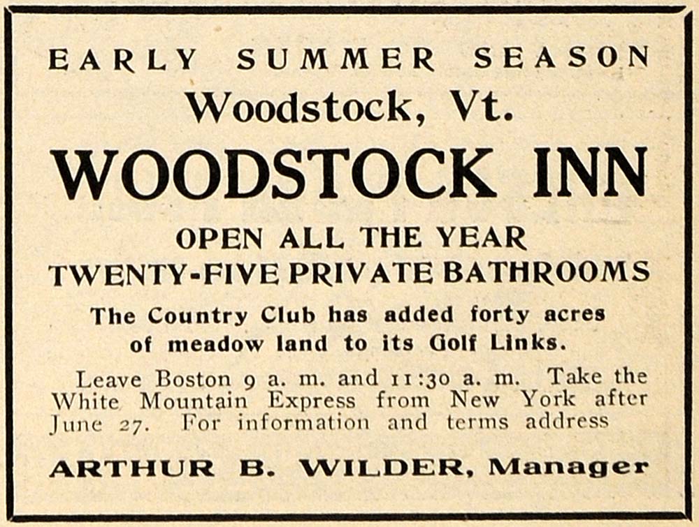 1909 Ad Woodstock Inn Arthur Wilder Golf Country Club - ORIGINAL TIN4