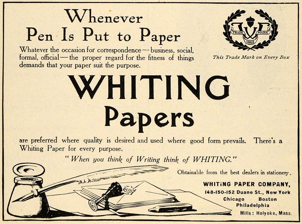 1909 Ad Whiting Paper Business Social Ink Pen Pencil - ORIGINAL ADVERTISING TIN4