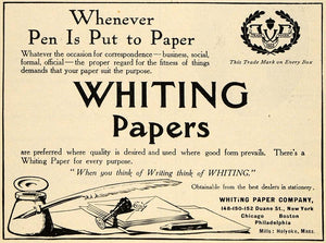 1909 Ad Whiting Paper Business Social Ink Pen Pencil - ORIGINAL ADVERTISING TIN4
