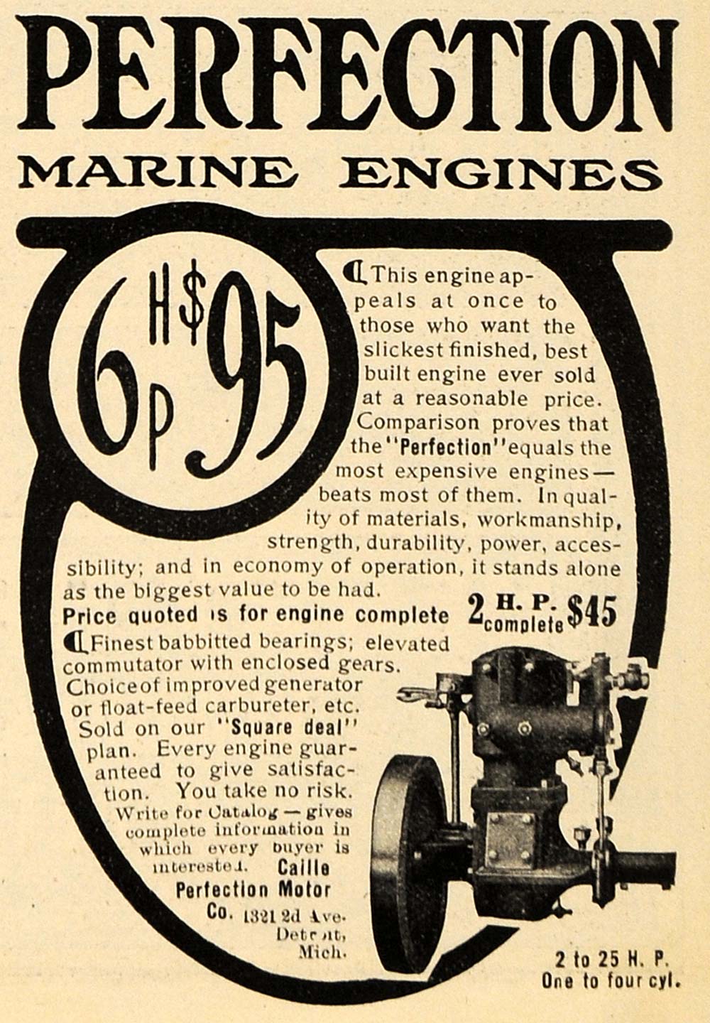 1909 Ad Perfection Marine Engines Machine Boat Caille - ORIGINAL TIN4