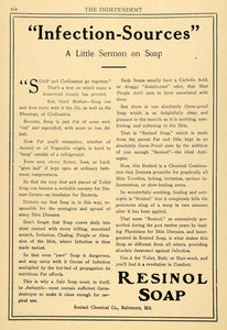 1909 Ad Resinol Chemical Disease Bath Shower Toilet Soap Products Infection TIN4