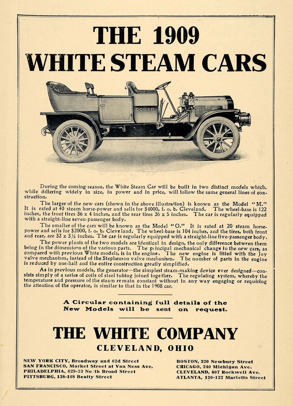 1908 Ad White Co. Steam Automobile Car Cleveland OH - ORIGINAL ADVERTISING TIN4