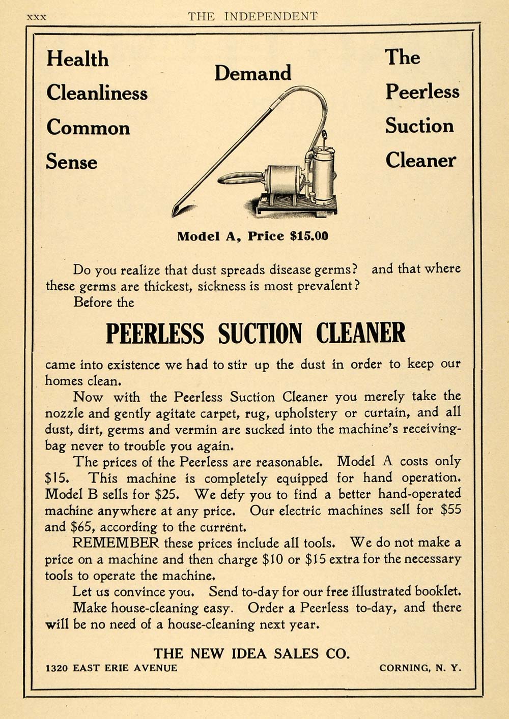 1909 Ad New Idea Sales Co. Peerless Suction Cleaners - ORIGINAL ADVERTISING TIN4