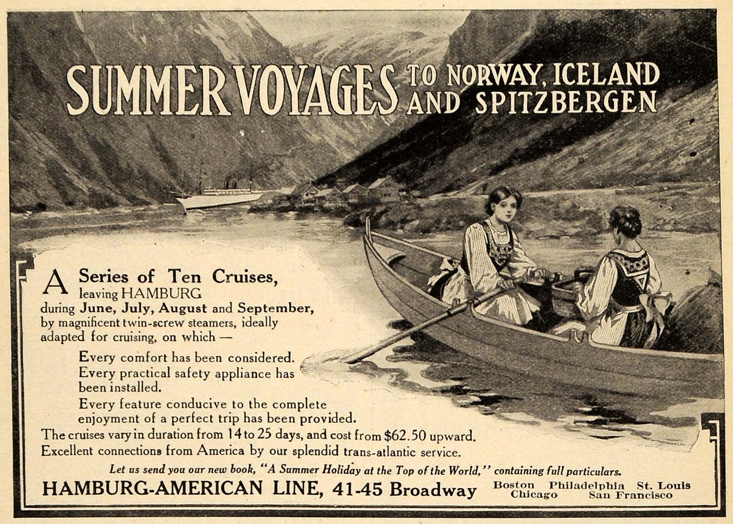 1909 Ad Hamburg-American Line Cruise Ship Norway Voyage - ORIGINAL TIN4