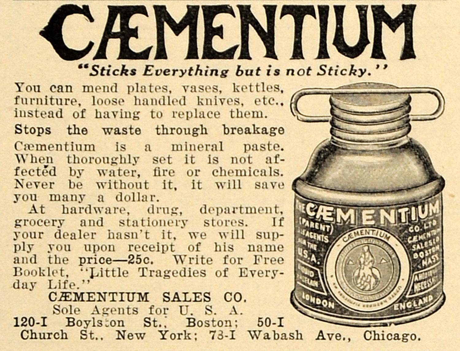 1910 Ad Caementium Sales Co. Mineral Paste Household - ORIGINAL ADVERTISING TIN4