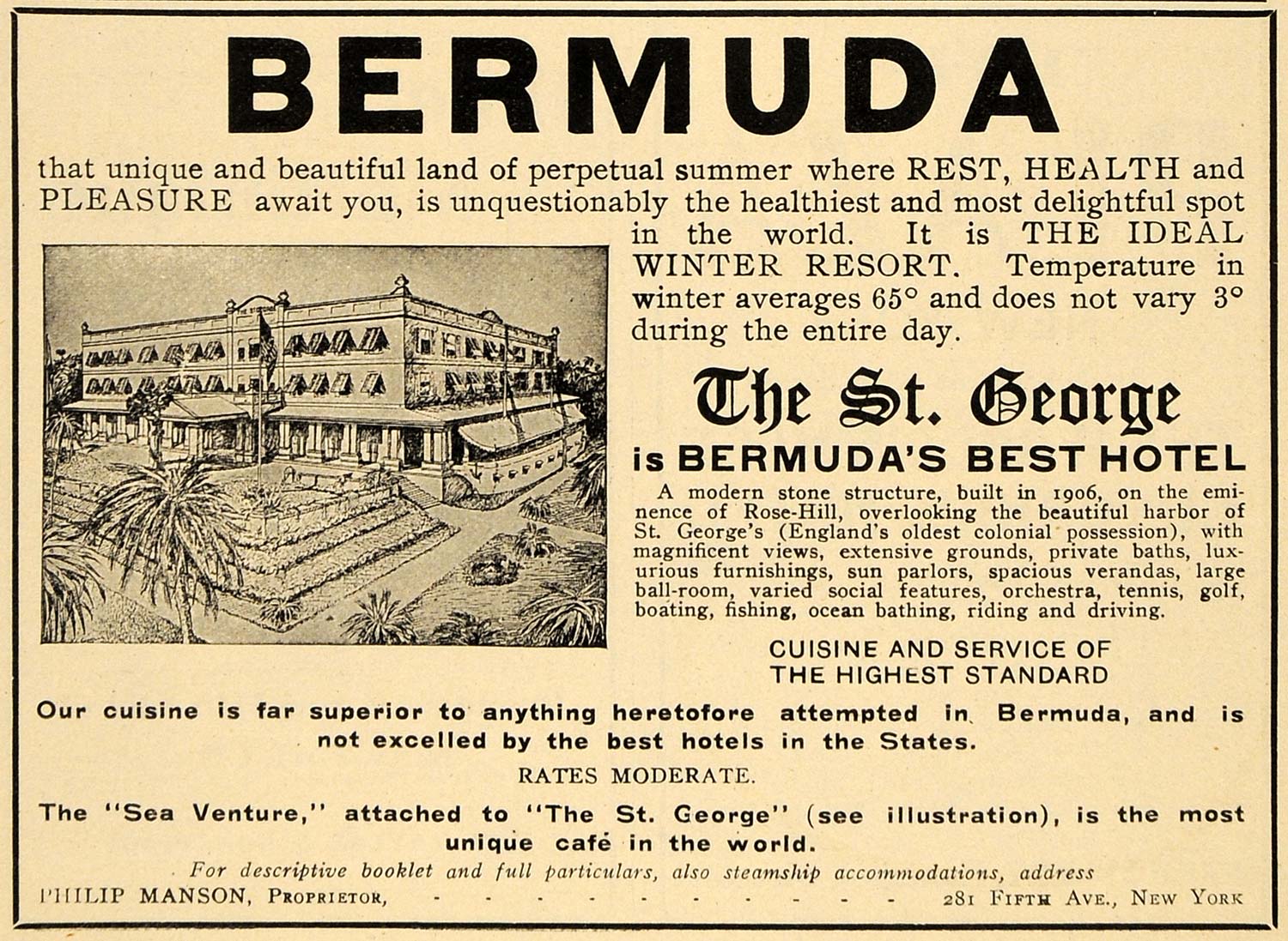1908 Ad Bermuda Hotel Luxurious Lodging Resort Vacation - ORIGINAL TIN4