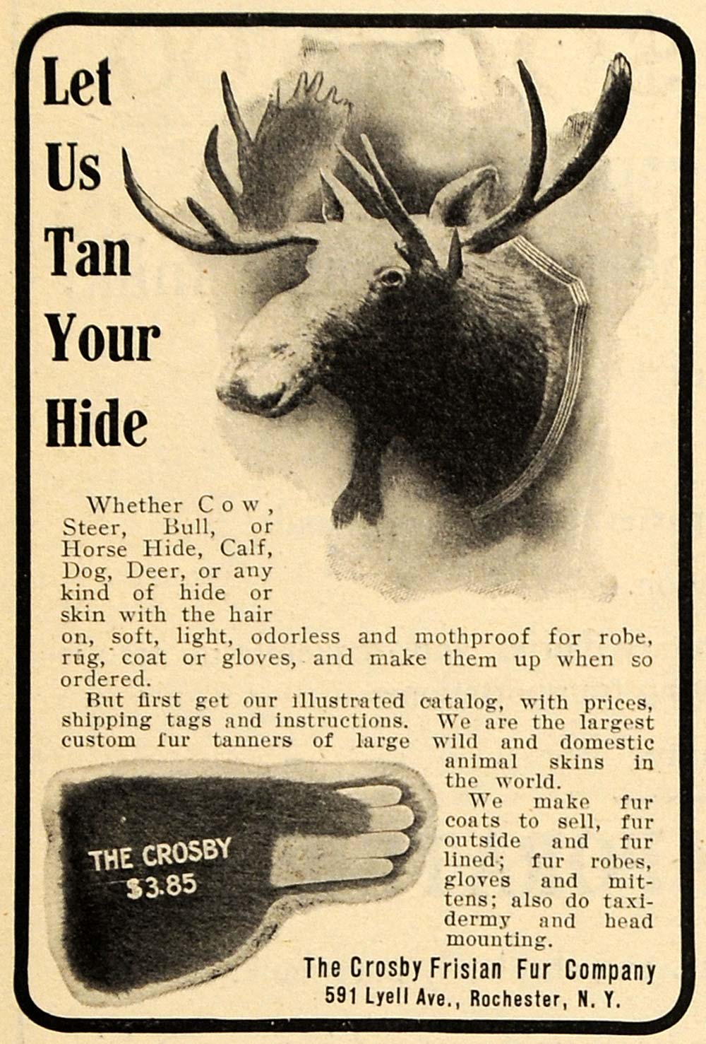 1908 Ad Crosby Frisian Fur Co. Gloves Moose Rochester - ORIGINAL TIN4