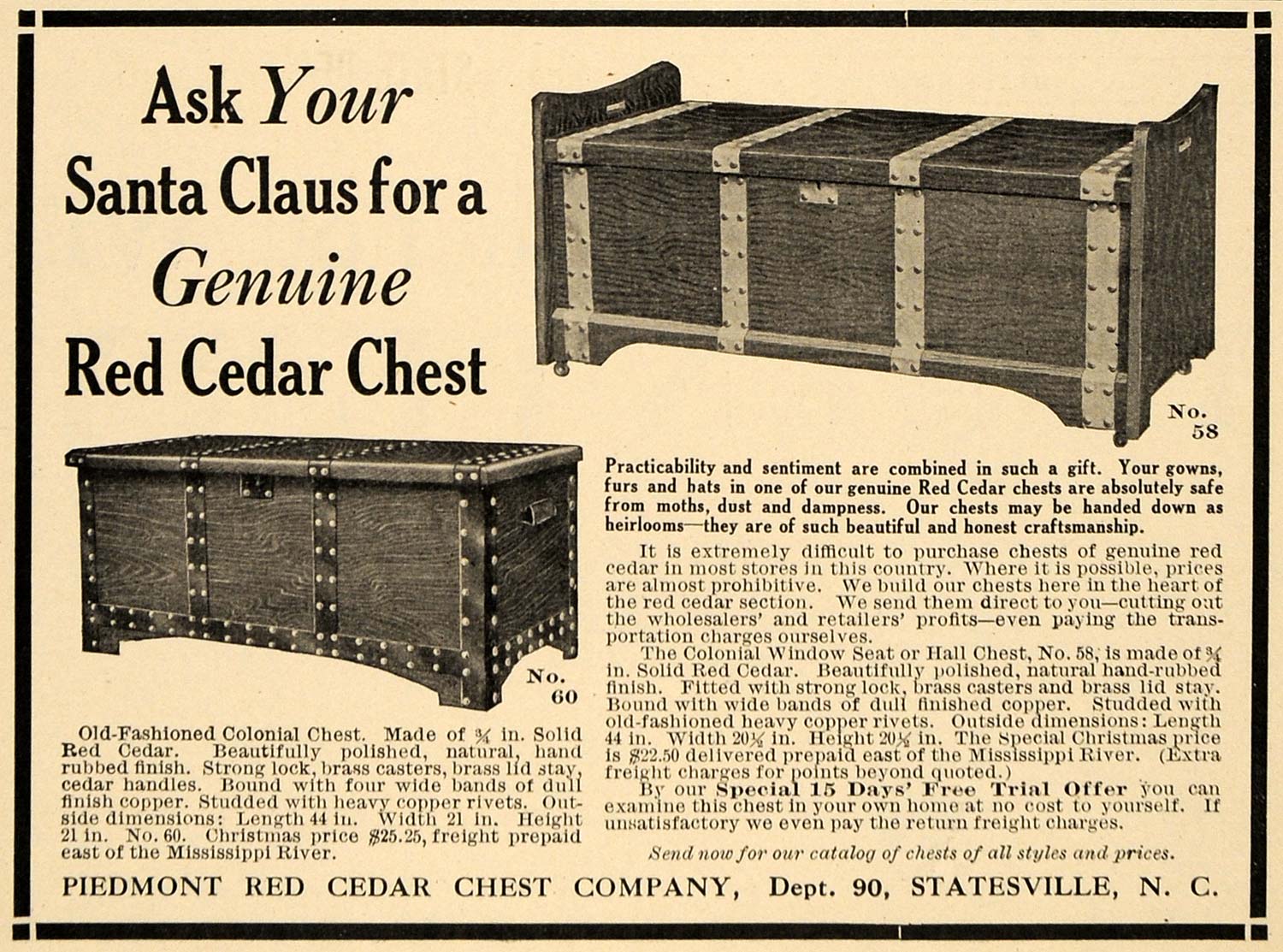 1909 Ad Piedmont Red Cedar Chest Furniture Christmas - ORIGINAL ADVERTISING TIN4