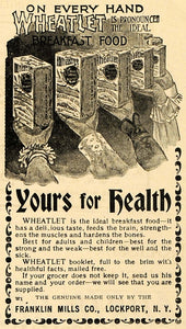 1899 Ad Franklin Mills Co. Wheatley Breakfast Food NY - ORIGINAL TIN4