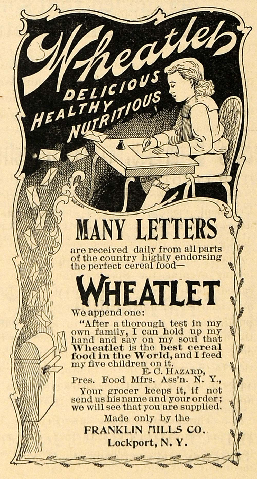 1899 Ad Franklin Mills Wheatley Breakfast Food Student - ORIGINAL TIN4