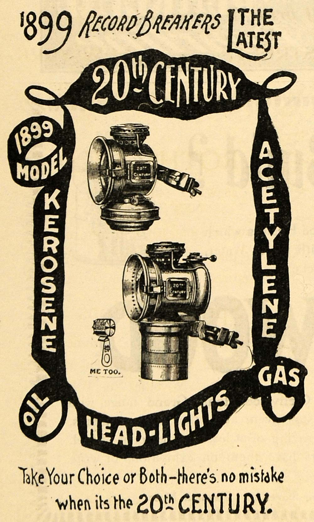1899 Ad 20th Century Kerosene Oil Head-Lights Gas - ORIGINAL ADVERTISING TIN4