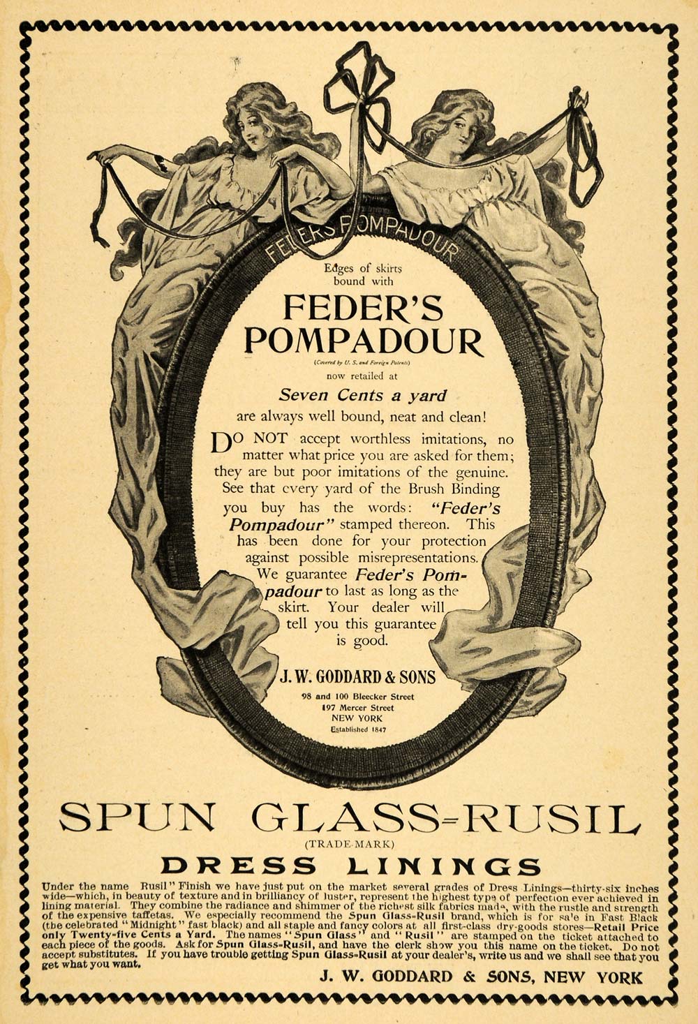 1899 Ad J W Goddard & Sons Feder's Pompadour Linings - ORIGINAL ADVERTISING TIN4