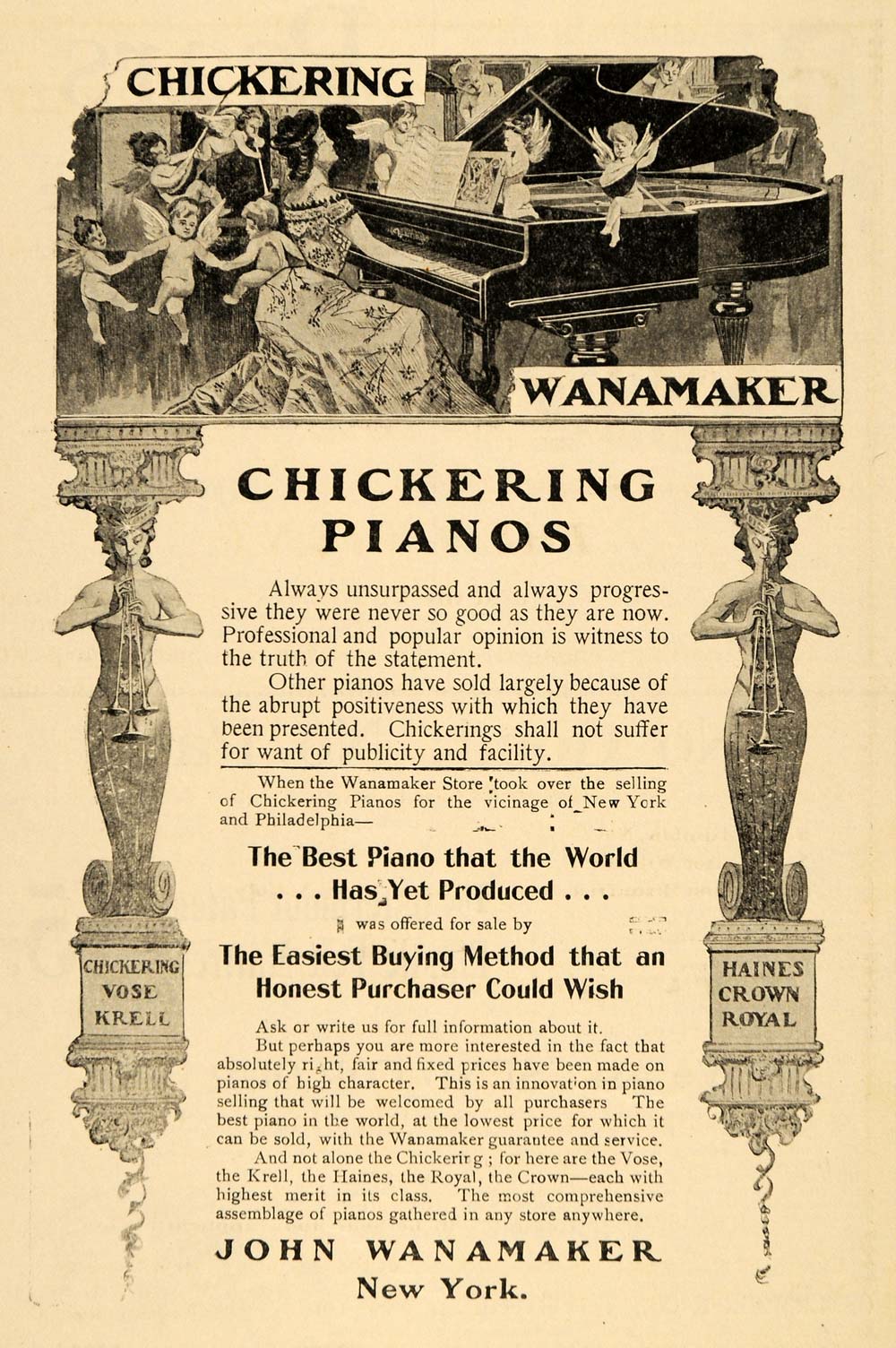 1900 Ad John Wanamaker Store Chickering Piano Angels - ORIGINAL ADVERTISING TIN4