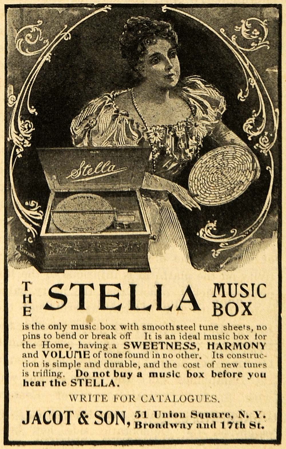 1899 Ad Jacot Son Stella Music Box Music Record Player - ORIGINAL TIN4
