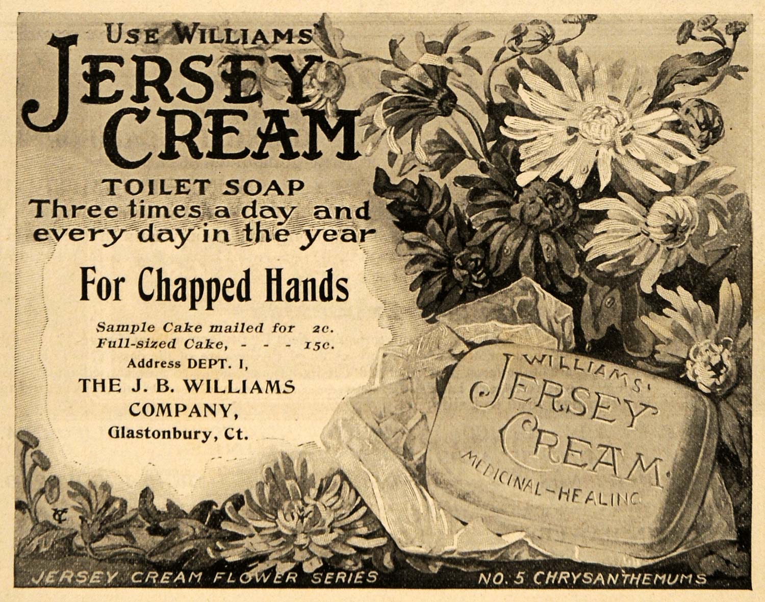 1899 Ad J B Williams Co Jersey Cream Toilet Soap Flower - ORIGINAL TIN4