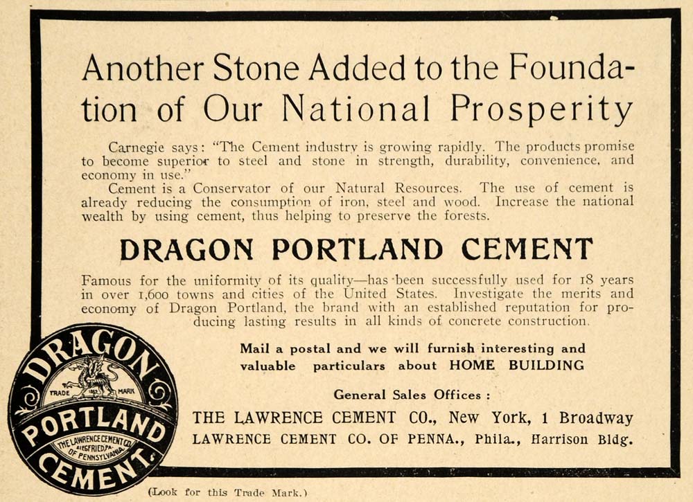 1908 Ad Lawrence Cement Co Logo Dragon Portland Cement - ORIGINAL TIN4