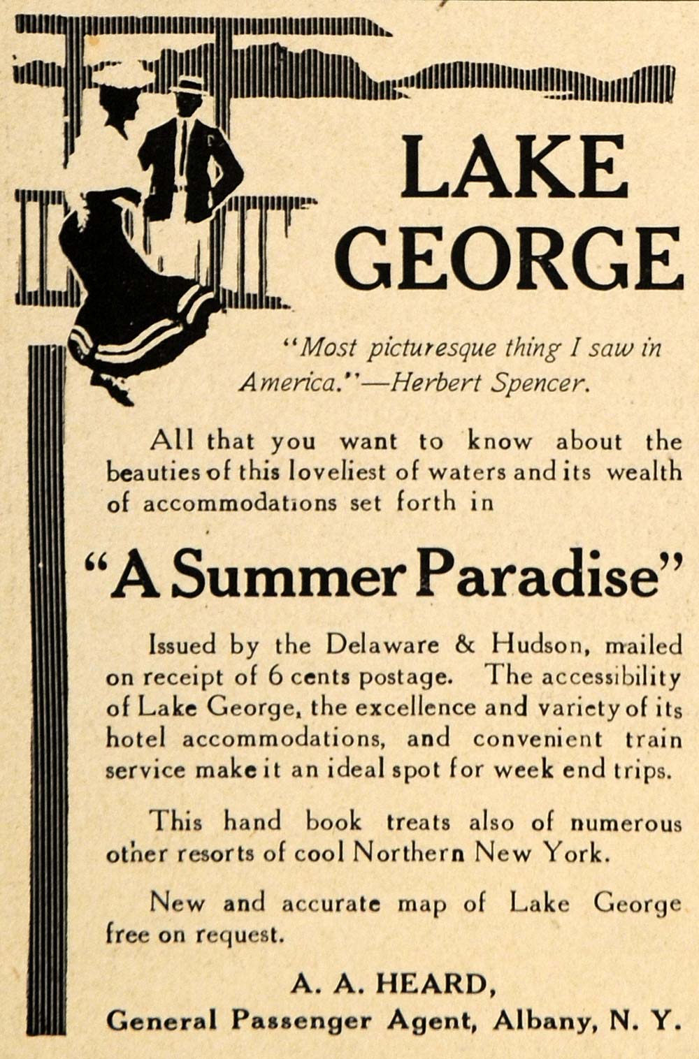 1908 Ad Delaware & Hudson Railway Lake George NY Travel - ORIGINAL TIN4