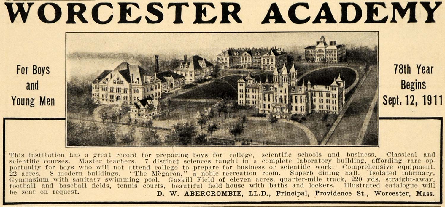 1911 Ad Worcester Academy Abercrombie School Gaskill - ORIGINAL ADVERTISING TIN4