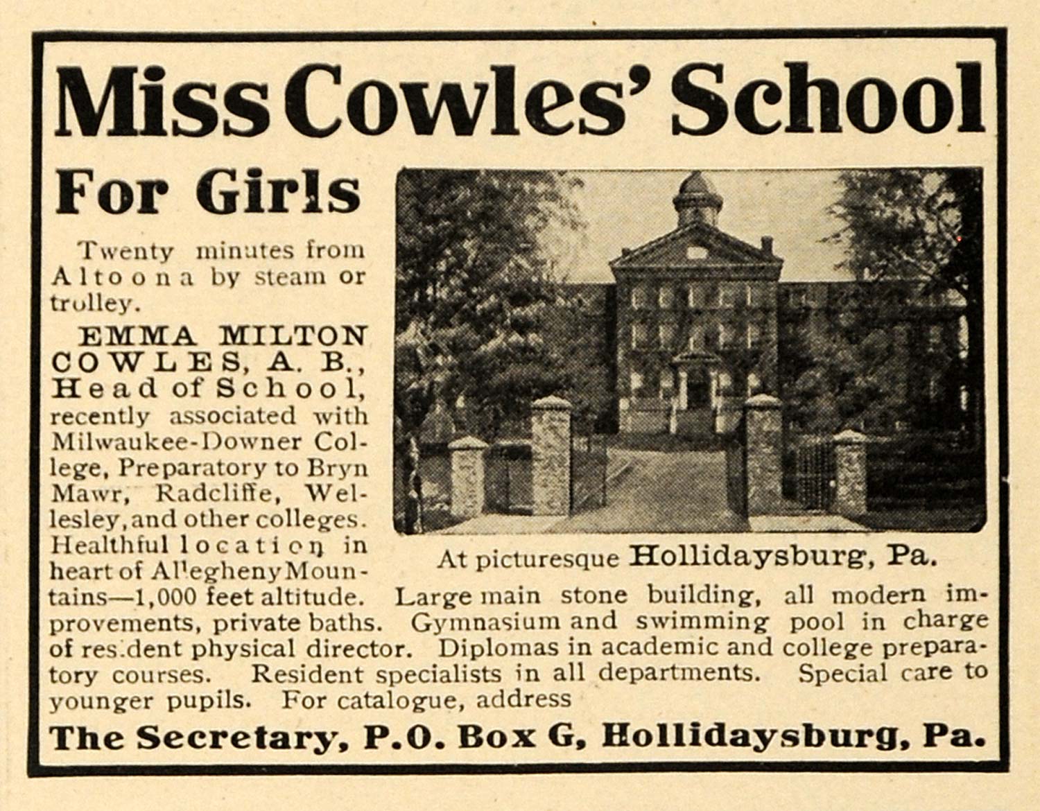 1911 Ad Miss Cowles School Girls Hollidaysburg Altoona ORIGINAL TIN4